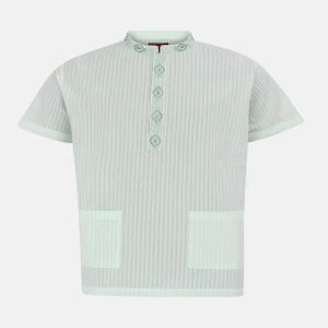 Pastel Green Striped and Embroidered Cotton Fatua